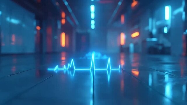 Futuristic medical technology concept with glowing heartbeat line on a reflective surface.