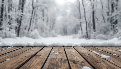 A serene winter scene with snow-covered trees and a wooden deck in the foreground.