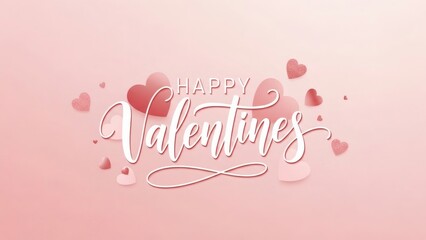 Happy Valentines Day celebration with heart-shaped decorations and elegant typography on a soft pink gradient background