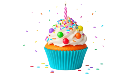 A colorful cupcake with white frosting and sprinkles on a blue wrapper