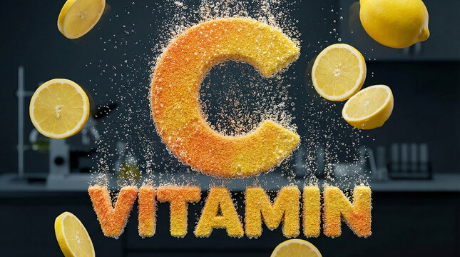 Vitamin C concept with exploding text and fresh lemon slices in laboratory background