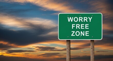 A Worry Free Zone Sign Against a Beautiful Sunset Sky Signifying Freedom and Peace