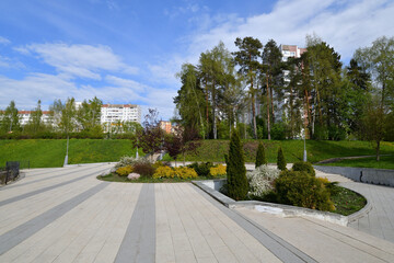 A landscaped city square in Zelenograd, Moscow, Russia