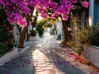 Cobblestone street in greece covered in bougainvillea flowers
