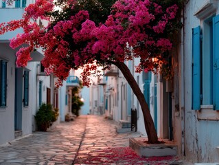 Bougainvillea graces pathway in a Greek Village