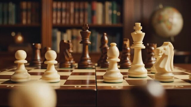 Chessboard close up in a study, showing strategic wooden chess pieces and a globe in the background.