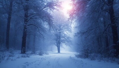 A serene winter landscape with snow-covered trees and a misty atmosphere at dawn