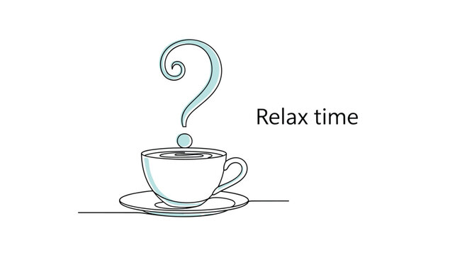 Steaming coffee cup with vapor forming a question mark next to the text relax time on a clean white background.