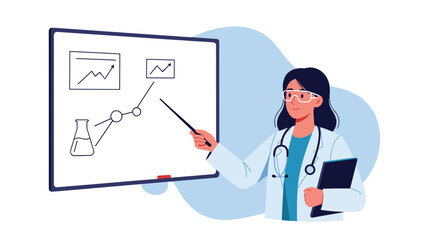 Female doctor or scientist in a white coat and safety glasses pointing at a data chart on a whiteboard during a medical presentation.