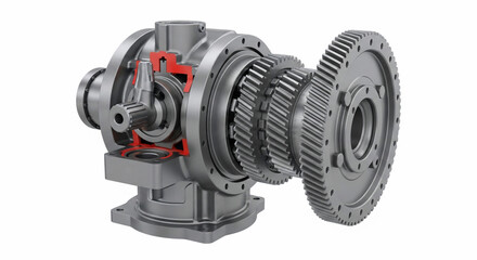 Industrial Right Angle Gearbox Bevel Gear Reducer Cutaway 3D Render Isolated on White Background