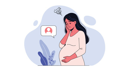 Sad pregnant woman touching her face while looking down with a worry thought bubble and a person icon in a notification box.