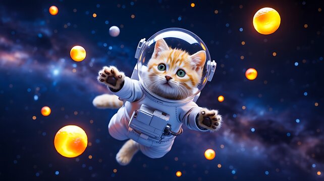 Cute astronaut cat floating in space fantasy adventure scene