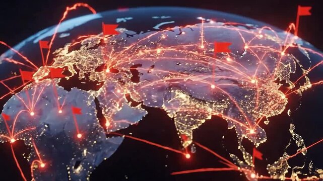 Global network connections with red flags indicating locations on a world map.