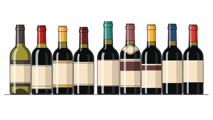 Uniform row of wine bottles featuring blank labels, offering a clean template for product branding, marketing, and design mockups.