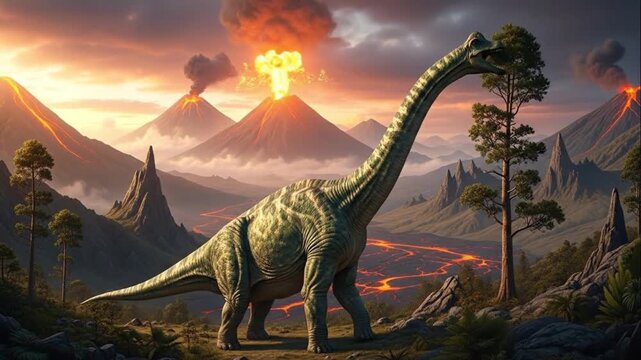 Dinosaur in Volcanic Prehistoric Landscape Epic Scene