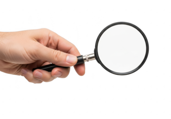 Hand holding a magnifying glass isolated on transparent background
