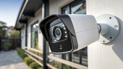 Security camera monitoring home safety via wall-mounted surveillance system CCTV
