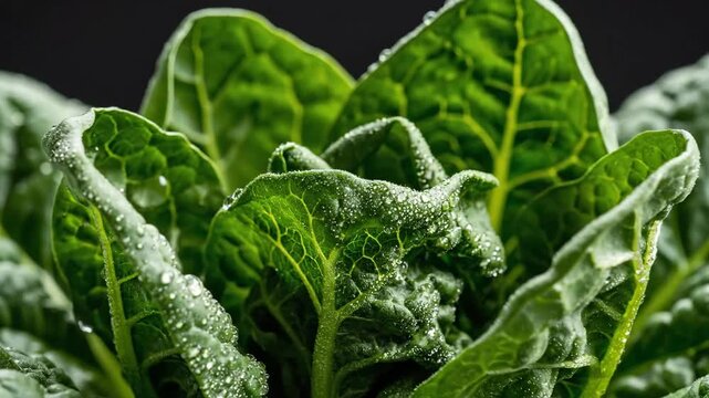 Fresh spinach leaves with water droplets showcasing delicate veined textures illuminated by studio lighting on a dark background