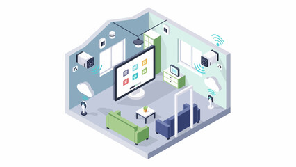 Obraz premium Isometric Smart Home Interior Design with Connected Devices.