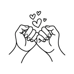 Pinky promise hands line art illustration with hearts above fingers