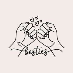 Besties hand lettering with pinky swear line art and hearts