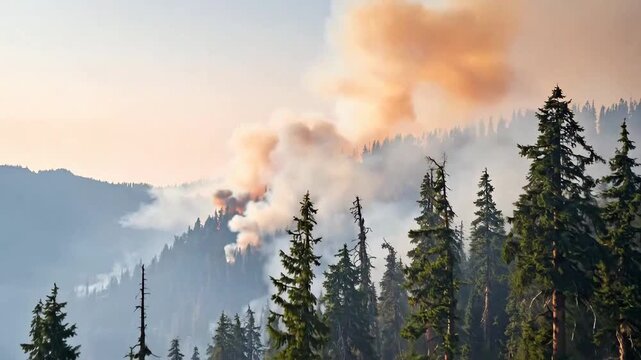 Smoke rises from a forest fire in a mountainous landscape with evergreen trees.