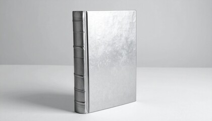 Closed silver book with textured metallic cover and raised spine bands on neutral surface, antique styling.