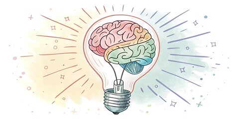 Glowing Brain Light Bulb on Icy Blue Background: Conceptual Metaphor for Cool Thinking, Clear Thinking and Innovation. With Copy Space