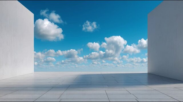 Stunning panoramic view of a bright blue sky with fluffy clouds between two white walls on a smooth surface, ideal for creative projects and tranquil settings.