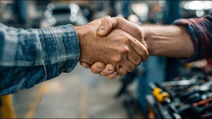 Two professionals shake hands in an automotive workshop, symbolizing a new partnership, trust, and collaboration in the industry. The atmosphere reflects teamwork and success.