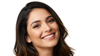 Smiling woman with dark hair in relaxed pose with soft natural lighting for beauty and wellness advertising isolated on transparent background