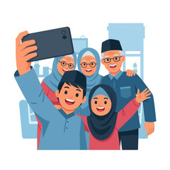 Obraz premium A happy Muslim family, including grandparents and children, smiling and taking a group selfie with a smartphone indoors, celebrating togetherness.
