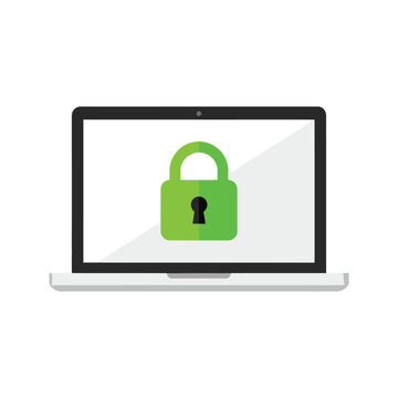 Secure laptop with green padlock on screen for safe online protection