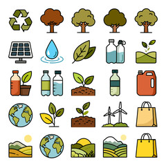 Set of eco and sustainability icons including recycle symbol, leaves, water drop, renewable energy, plants, and environmental elements.Flat modern design suitable for green energy, ecology, environmen