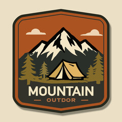 Outdoor camping badge with mountain peaks, pine trees, and tent illustration. Designed for adventure brands, travel logos, hiking communities, and outdoor product labels.