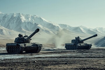 Tanks positioned in a mountainous landscape during a military exercise