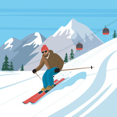 A man with a beard skis down a snow-covered mountain slope with ski lifts in the background, depicting a winter sports scene © Jackie K. Penn