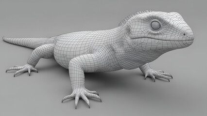 Detailed 3D wireframe model of a lizard, showcasing its polygonal mesh and digital structure.