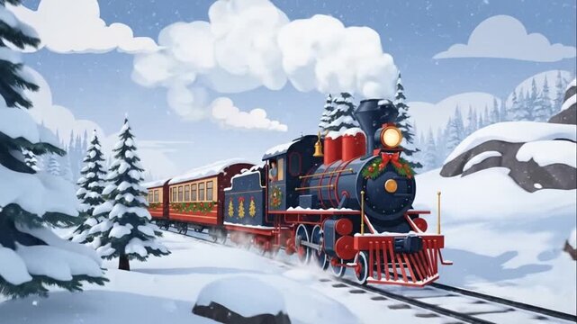 Christmas Steam Train in Snowy Forest Illustration