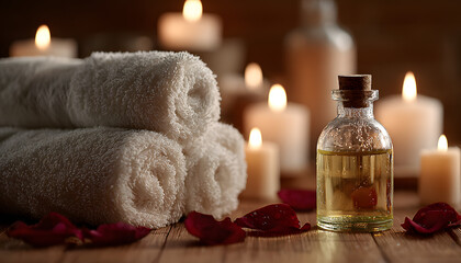 Softly lit spa setup with rolled towels, flower petals, burning candles, and essential oil bottle. This promotes calm, wellness, and therapeutic relaxation for mind and body.