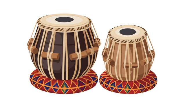 Two beautifully crafted traditional Indian tabla drums with dark and light wood finishes are gracefully positioned on intricately patterned cushions.