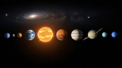 Solar System Planets Orbiting Bright Sun in Deep Space Cosmic Illustration 3D Render