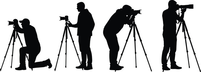 Photographer silhouette set using camera on tripod in various shooting positions isolated on white background for photography concept design © Nur Creations
