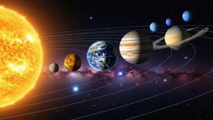 Solar System Planets Orbiting Sun in Vibrant Cosmic Space 3D Illustration