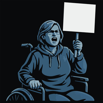 Vector illustration of a handicapped woman protesting a holding blank sign, banner on a protest demostration or picket. People against violence, pollution, descrimination, human rights violation.