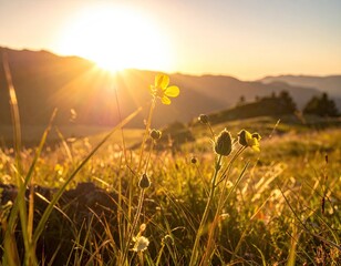 Golden sunbeams illuminate delicate wildflowers in a serene mountain meadow.
