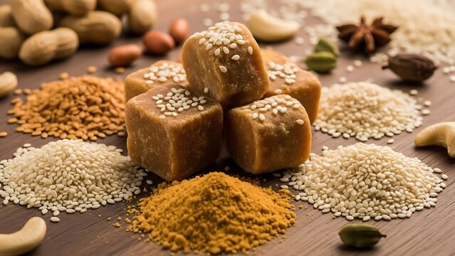 Traditional Indian jaggery and sesame sweets with aromatic spices, healthy nuts, and natural seeds, showcasing authentic flavors and wholesome ingredients