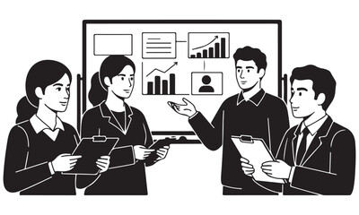 Business team discussing data on a presentation board in a meeting