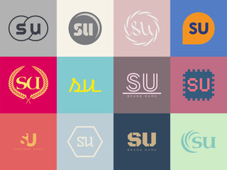 SU logo company template. Letter s and u logotype. Set different classic serif lettering and modern bold text with design elements. Initial font typography.