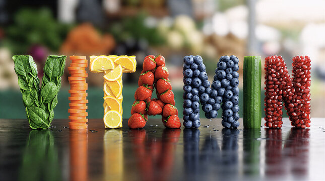 The word VITAMIN spelled out in 3D letters made of fresh fruits vegetables and berries